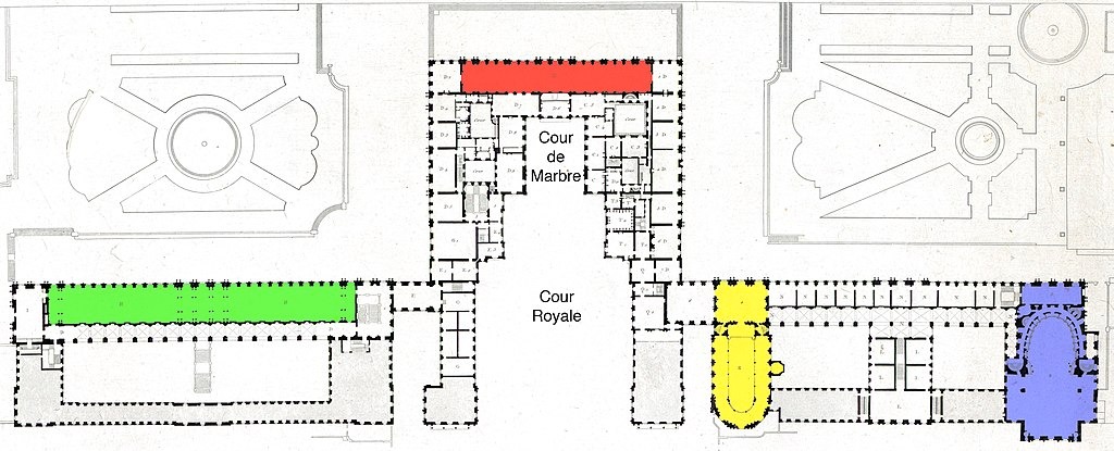 Plan of the main floor (c. 1837, with north to the right), showing the Royal Chapel in yellow, the Hall of Mirrors in red, the Hall of Battles in green, and the Royal Opera in blue.