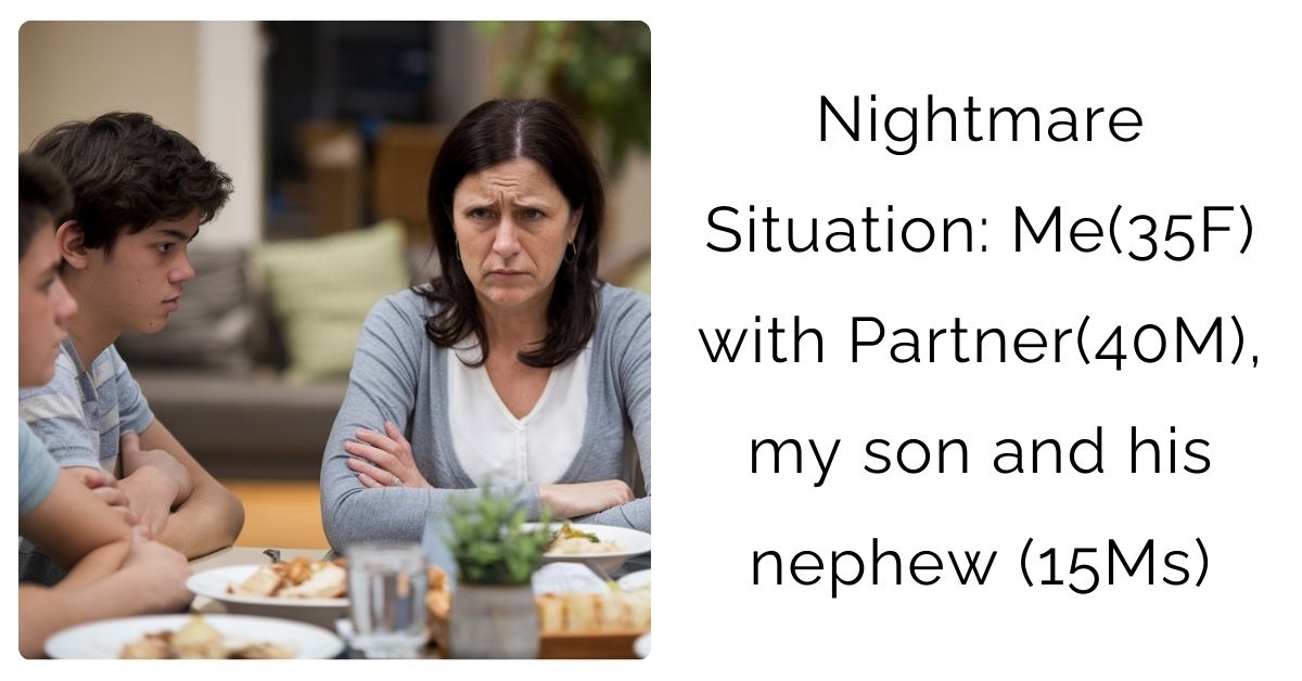 Nightmare Situation: Me(35F) with Partner(40M), my son and his nephew (15Ms)