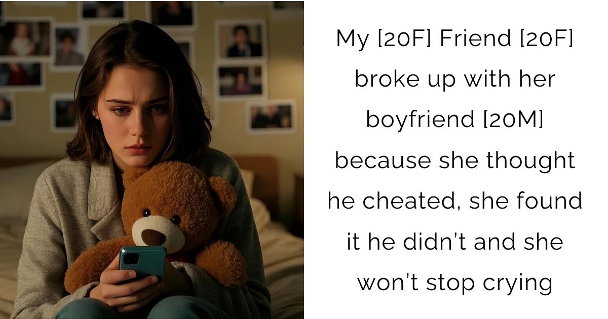 My [20F] Friend [20F] broke up with her boyfriend [20M] because she thought he cheated, she found it he didn’t and she won’t stop crying
