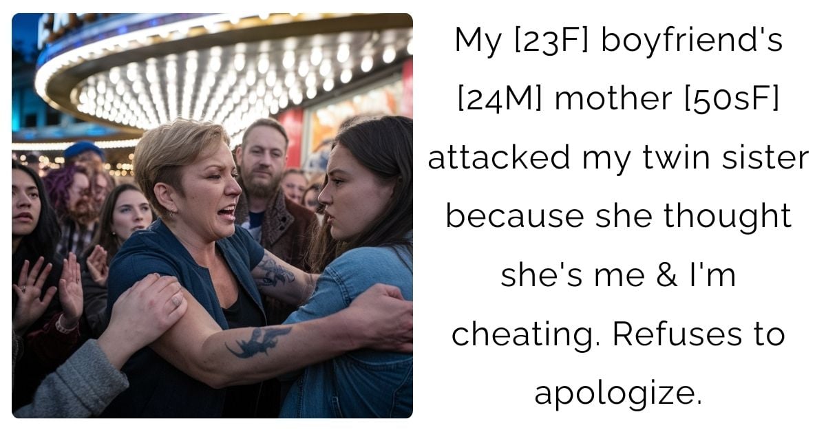 My [23F] boyfriend’s [24M] mother [50sF] attacked my twin sister because she thought she’s me & I’m cheating. Refuses to apologize.