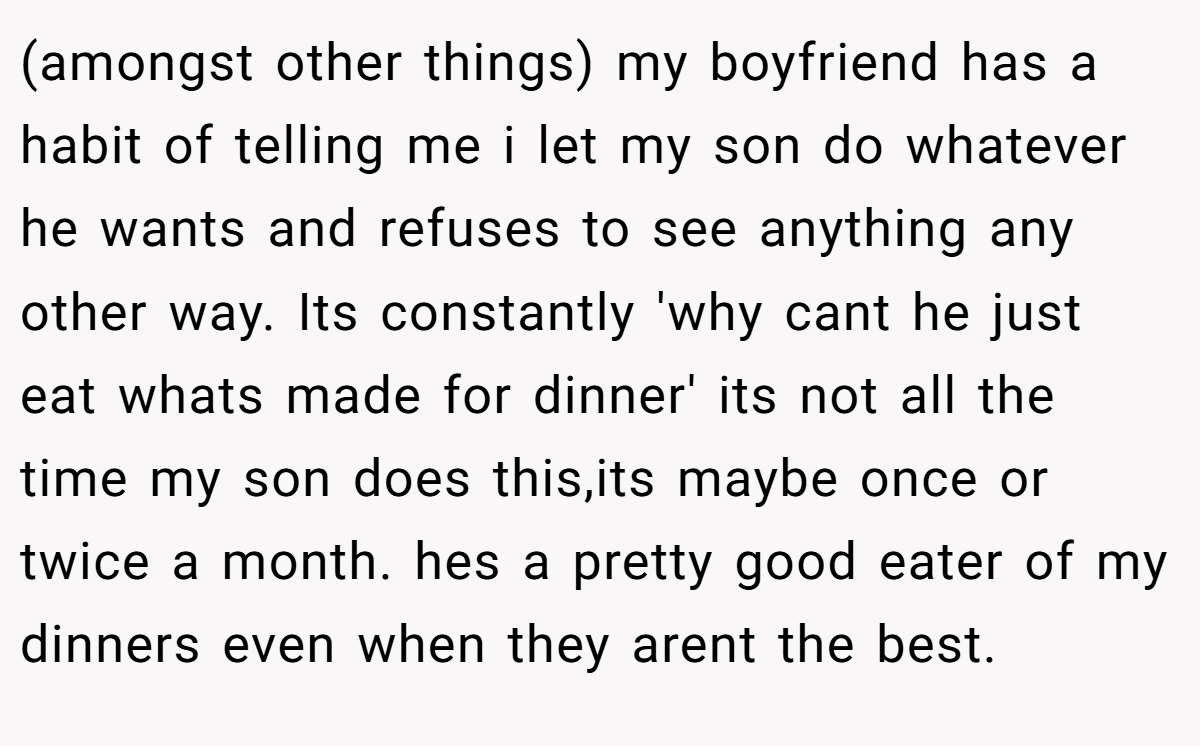 (amongst other things) my boyfriend has a habit of telling me i let my son do whatever he wants and refuses to see anything any other way. Its constantly 'why cant he just eat whats made for dinner' its not all the time my son does this,its maybe once or twice a month. hes a pretty good eater of my dinners even when they arent the best.