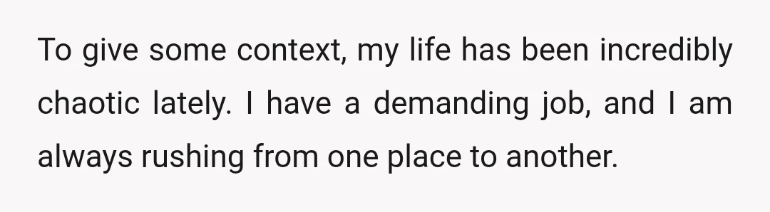 To give some context, my life has been incredibly chaotic lately. I have a demanding job, and I am always rushing from one place to another.